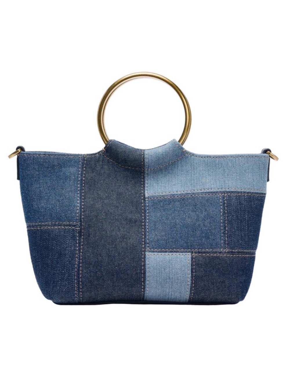Zara Denim Patchwork Tote with Gold Ring Handles
